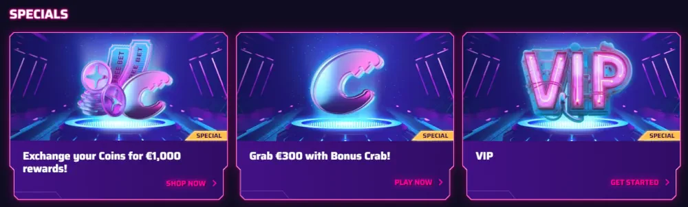 Roby Casino Sonderangebote-Bereich mit Münzwechsel und VIP-Belohnungen